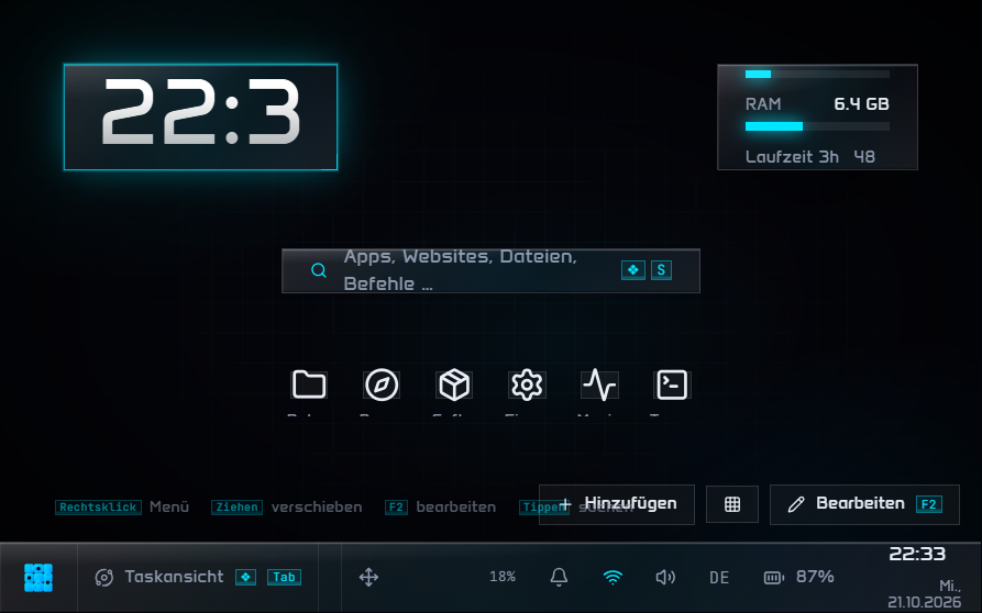 HectoBase OS Desktop mit Matrixhintergrund, Widgets, App-Symbolen und Taskleiste