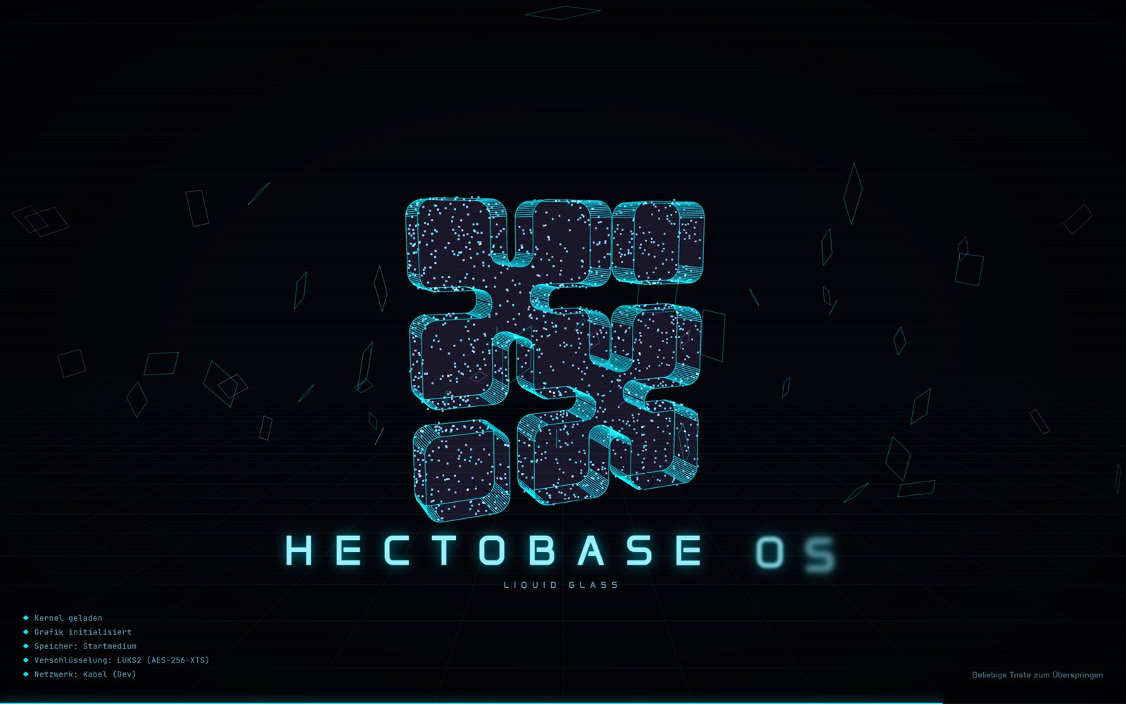 Startanimation von HectoBase OS mit dem Logo als 3D-Glasblock