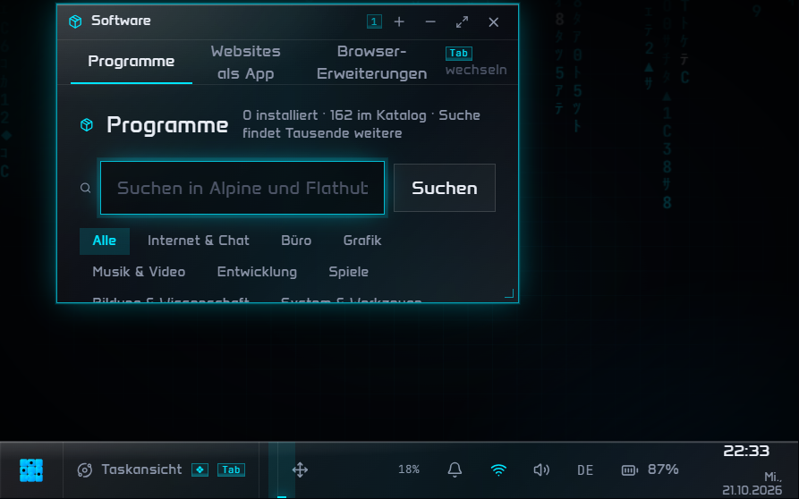 Software-App von HectoBase OS mit Katalog, Suche und Kategorien für Programme